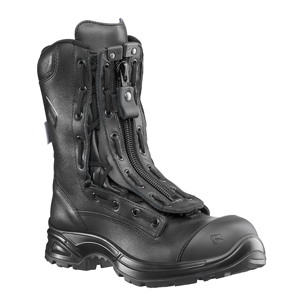 HAIX Airpower XR1 Pro black leather EMS boot with front zipper and rugged slip-resistant sole.
