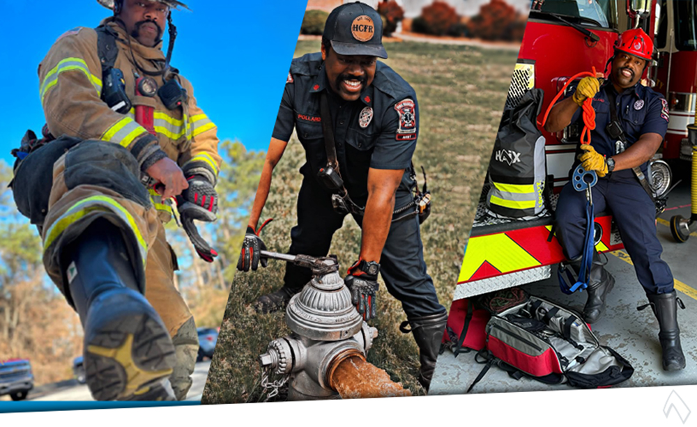A firefighter wearing durable HAIX boots and gear in three different scenes, showcasing professional rescue equipment.