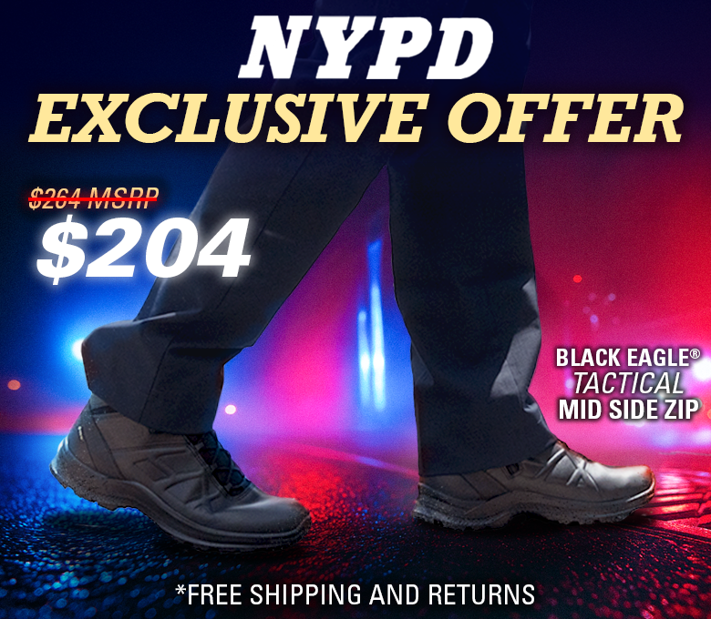 Banner featuring the Tactical Mid Side Zip worn with uniform pants on blacktop and text saying NYPD exclusive offer