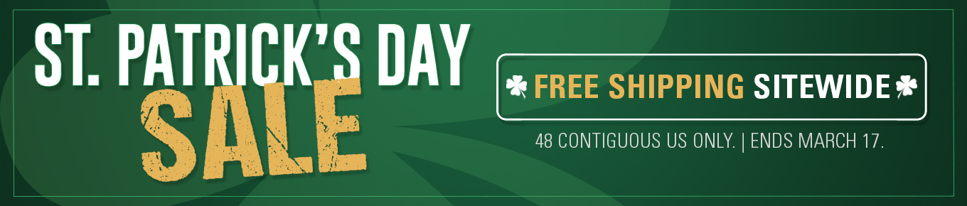 St. Patrick's Day sale - "Free Shipping Sitewide, 48 Contiguous US Only, Ends March 17" on a green background with a shamrock