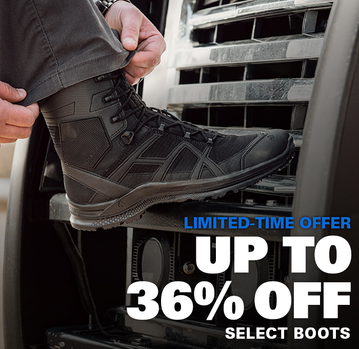 A person wearing durable black HAIX tactical boots with a limited time offer of up to 36 percent off select footwear.