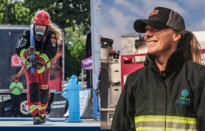 A side-by-side image of FireFit Katie competing in HAIX boots on the left and smiling in her turnout gear on the right.