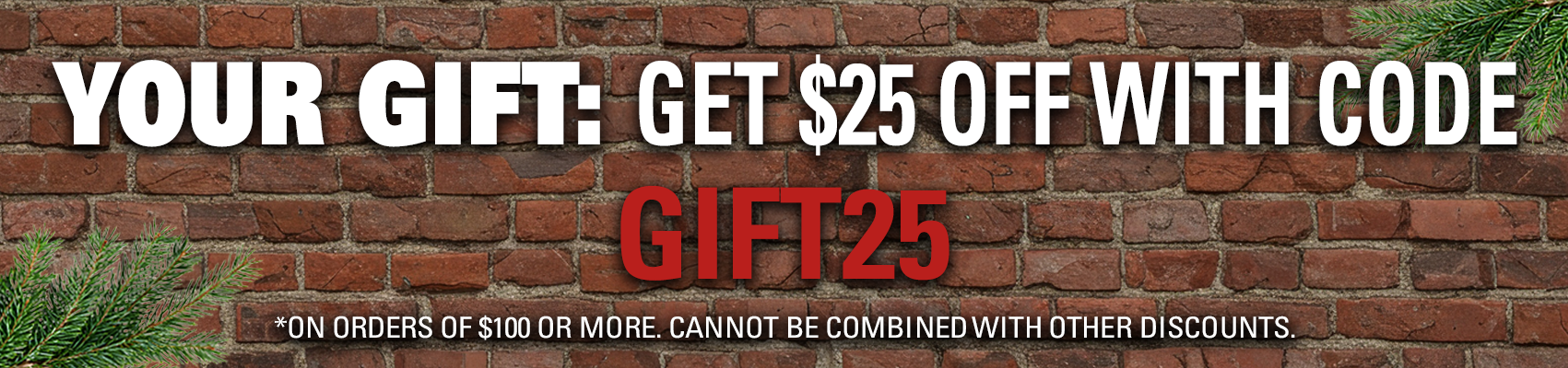 Holiday banner with text offering $25 off orders over $100 using code GIFT25 on a brick background with evergreen branches.
