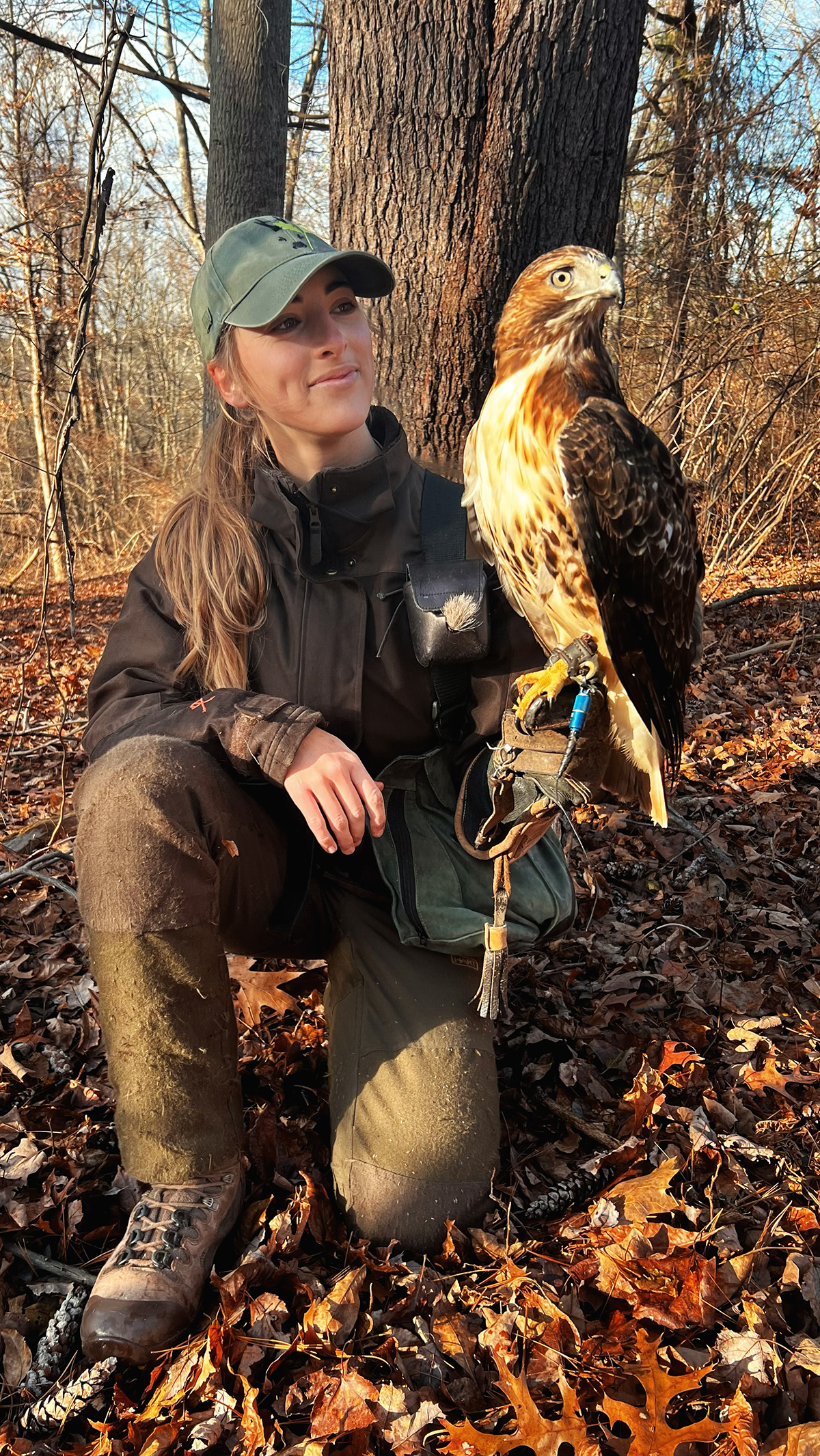 A woman wearing durable HAIX outdoor boots and gear kneels in a forest, holding a majestic hawk on her gloved hand.