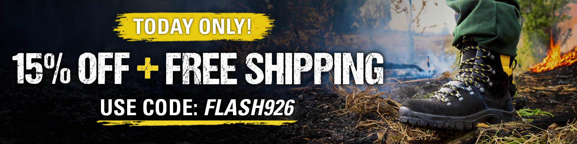 HAIX boots on a fire scene with text overlay offering 15 percent off and free shipping using promo code FLASH926.