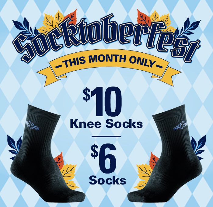 HAIX Socktoberfest sale featuring black knee socks for 10 dollars and standard socks for 6 dollars this month only.