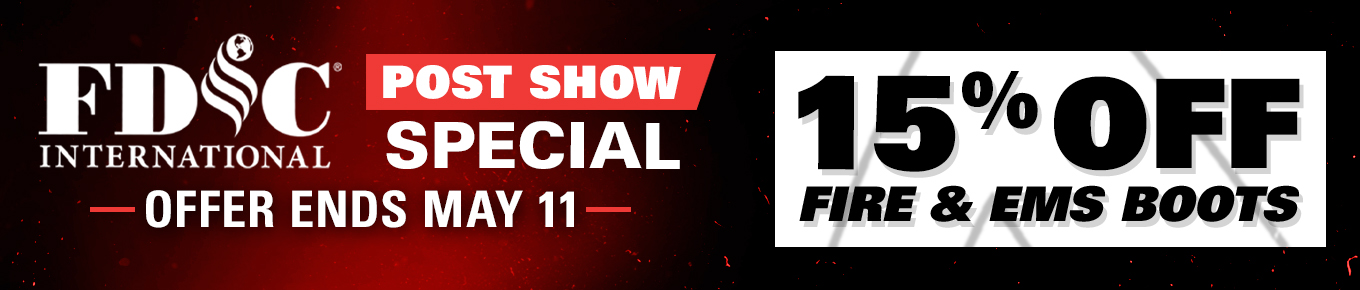 HAIX FDIC Post Show Special: 15% off fire and EMS boots sale on a black and red background