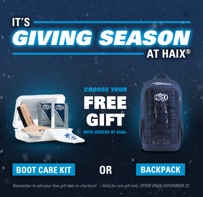 HAIX Giving Season promo: free boot care kit or backpack with orders over $100, offer ends Nov 23