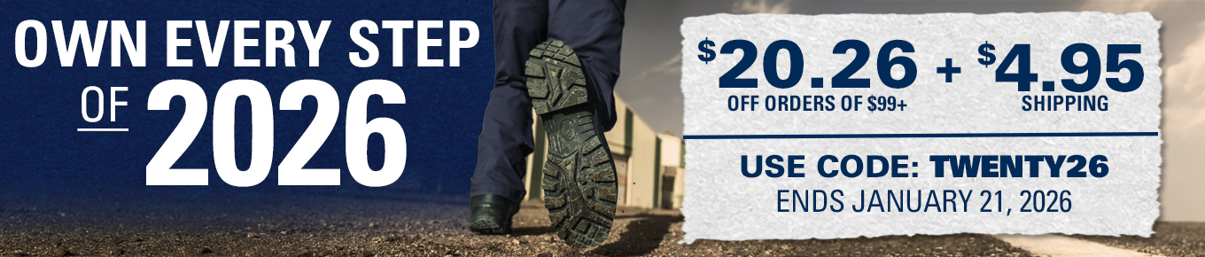 HAIX boots in motion with text saying "Own Every Step of 2026","$20.26 off orders $99+ & $4.95 shipping" & "Use Code TWENTY26"