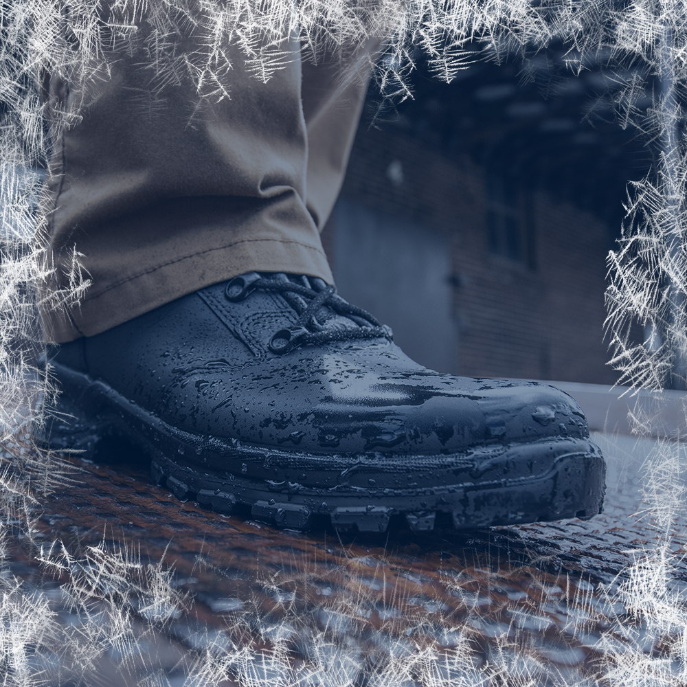 Waterproof boots category with the Enforce X High covered in water droplets on a metal surface and a frost border effect.