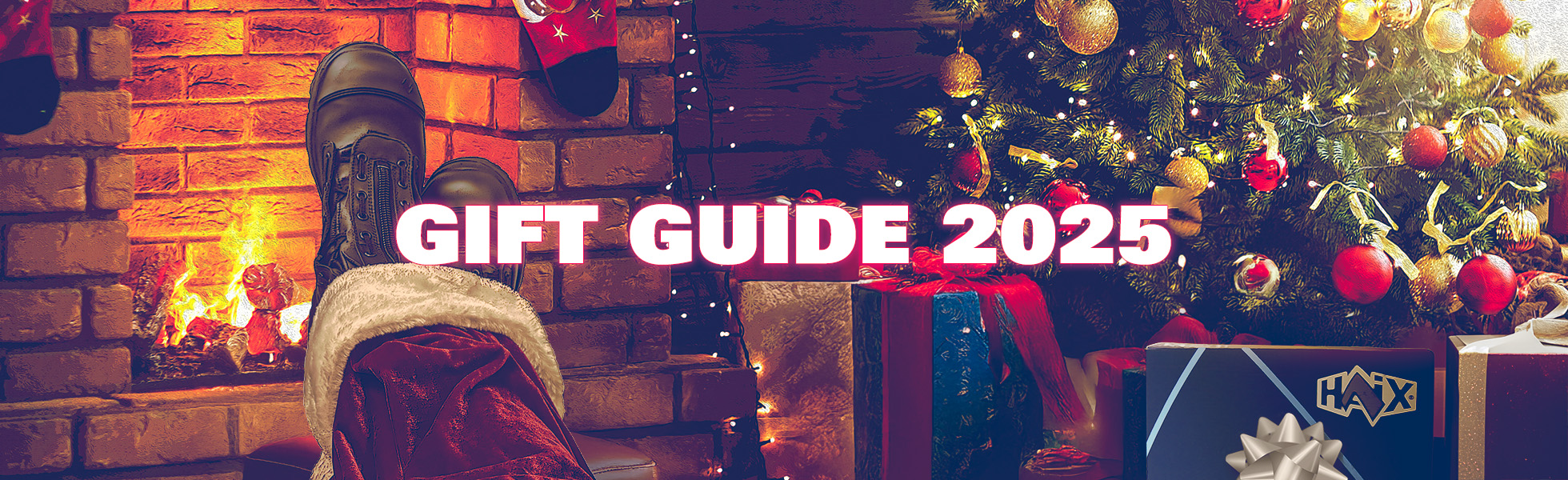 HAIX Gift Guide 2025 with XR1 Pro boots worn with santa pants by a fireplace, a christmas tree, and wrapped presents.