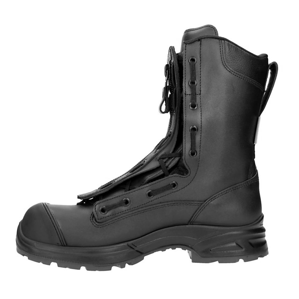 605113_Airpower-XR1-left Side view of HAIX Airpower XR1 Pro black leather boot with protective toe cap and rugged slip-resistant sole.