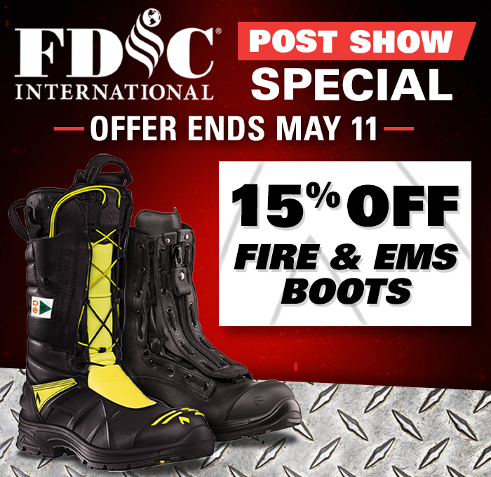HAIX FDIC Special: 15% off fire & EMS boots sale on black & red background featuring the Fire Eagle Xtreme & Airpower XR1 Pro