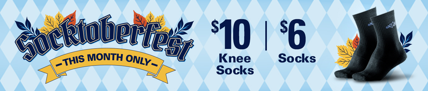 HAIX Socktoberfest sale featuring discounted knee socks for 10 dollars and regular socks for 6 dollars this month only.