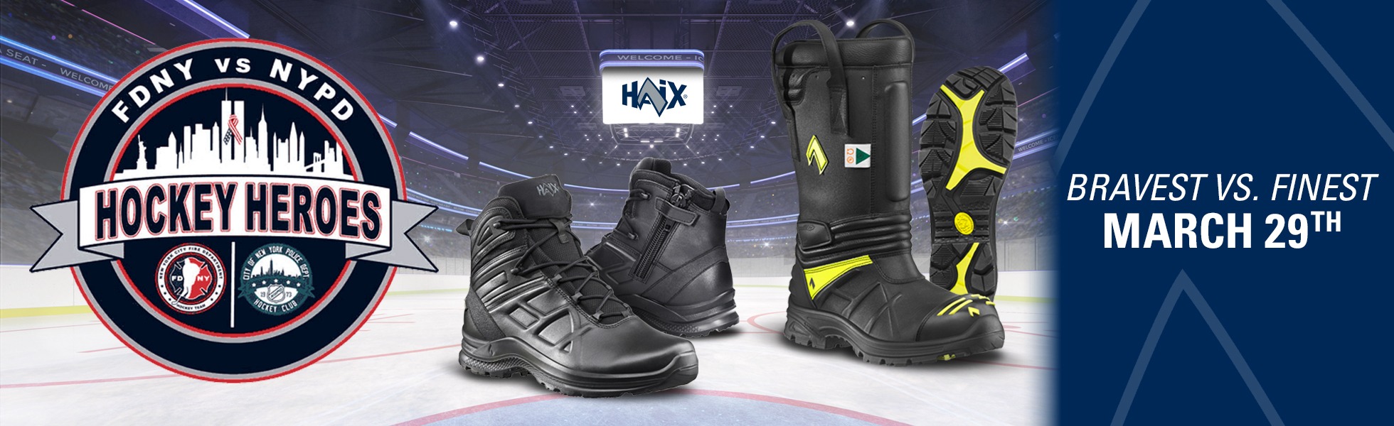 FDNY v  NYPD Hockey game featuring the Tactical Mid Side Zip and Fire Eagle Air on a hockey arena background. Airs March 29