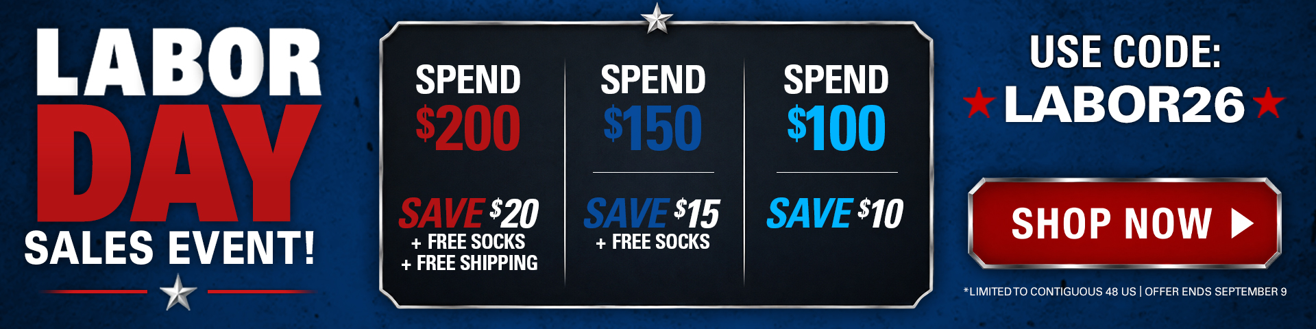 HAIX Labor Day sales event banner featuring tiered savings of $10, $15, or $20 off plus free socks and shipping.