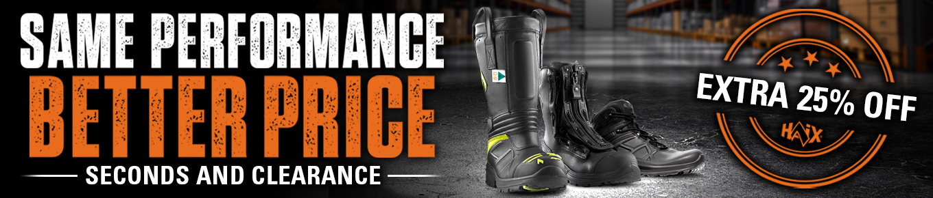 HAIX clearance sale banner featuring professional boots with an extra 25% off discount on seconds and clearance items.