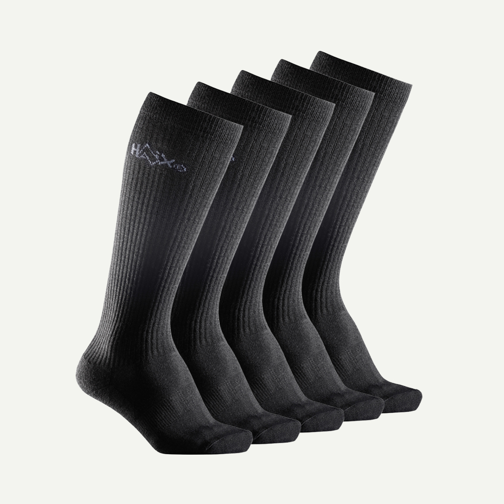 A pack of five black HAIX knee socks arranged in a row, featuring a ribbed texture and the HAIX logo on the upper side.