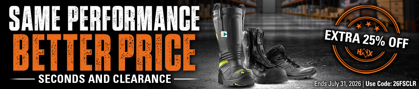 HAIX clearance sale banner featuring professional boots with an extra 25% off using code 26FSCLR until July 31, 2026.
