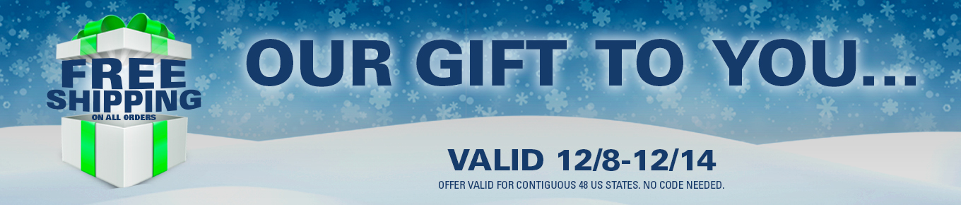Banner with text free shipping, our gift to you on a snowy background with a present