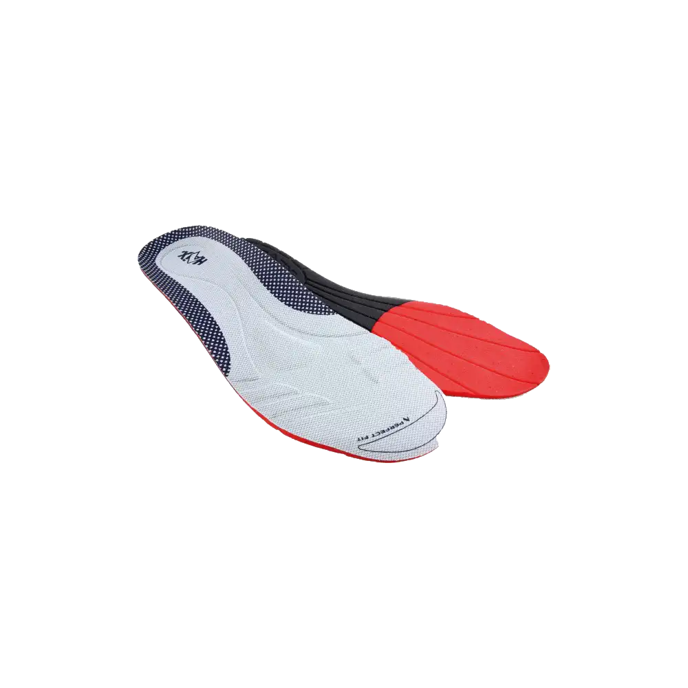 A pair of grey HAIX insoles with a red base and black accents, designed for a perfect fit inside HAIX safety boots.