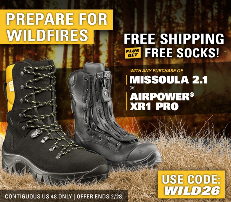 HAIX Wildland sale with free shipping and free socks on Missoula 2.1 or Airpower XR1 Pro purchases. Use code WILD26