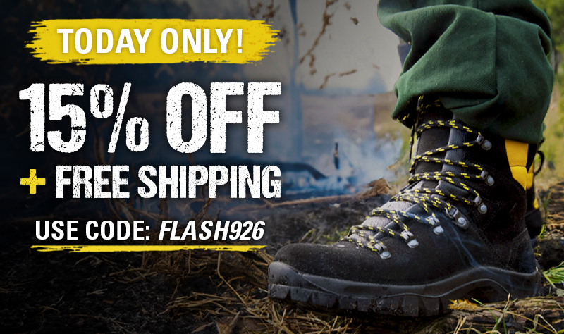A HAIX work boot on a forest floor with text overlay offering 15 percent off plus free shipping using code FLASH926.