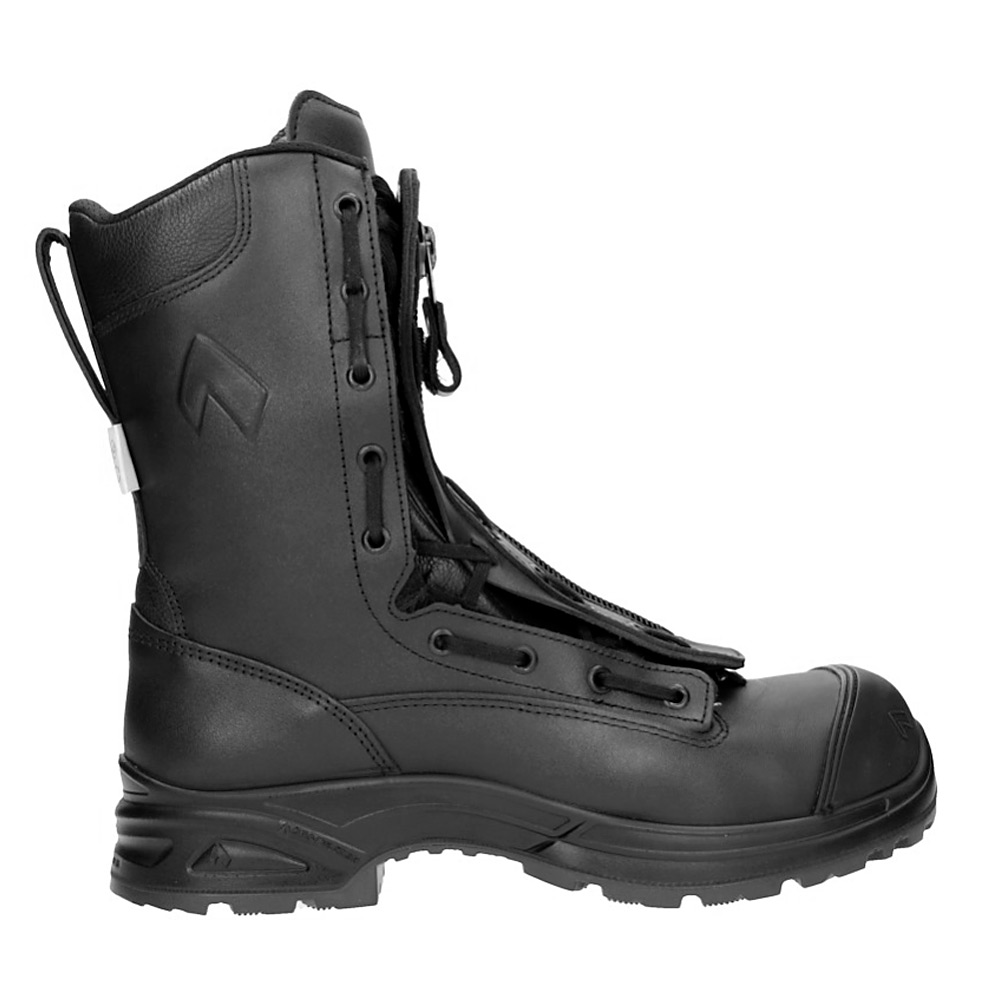 605113_Airpower-XR1-right Side view of HAIX Airpower XR1 Pro black leather boot with protective toe cap and zipper lacing system.