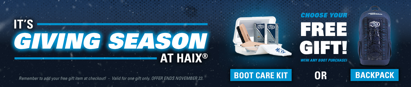 HAIX Giving Season promo: free boot care kit or backpack with orders over $100, offer ends Nov 23