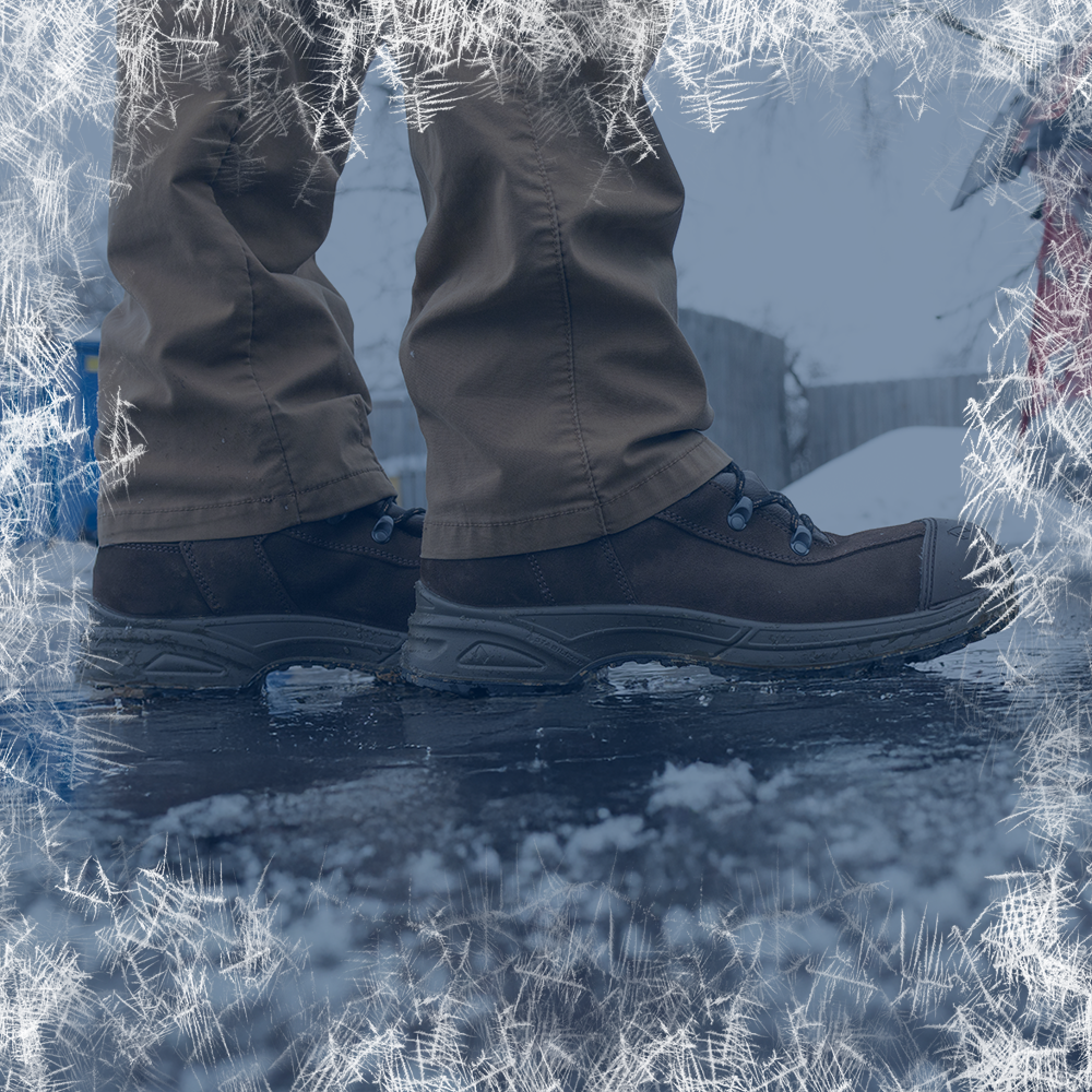 Winter boots category featuring Airpower XR23 work boots displayed outside on a snowy surface with a frost border effect