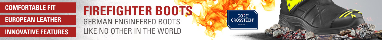 Firefighter boots ad showing black & yellow boots on embers with text highlighting comfort, European leather, and innovation.