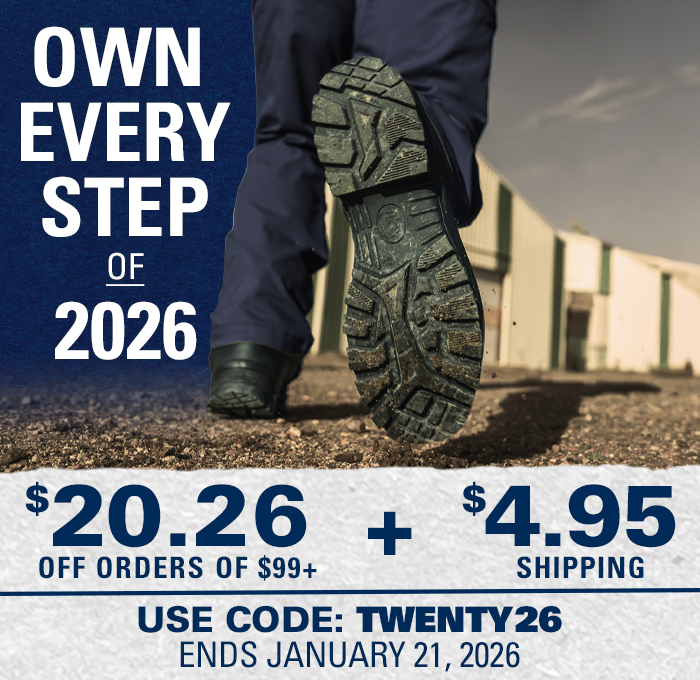 HAIX boots in motion with text saying "Own Every Step of 2026","$20.26 off orders $99+ & $4.95 shipping" & "Use Code TWENTY26"