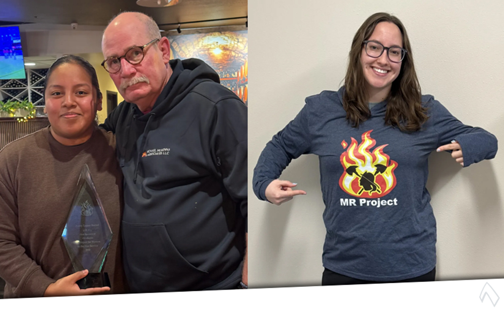 A split image showing a woman holding an award next to a man, and a woman wearing a blue MR Project fire logo hoodie.