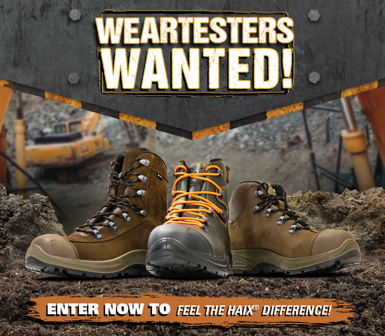 HAIX 100 boot weartest featuring the Airpower XR23, XR26, and XR200 on a worksite. Sign up here for a chance to win